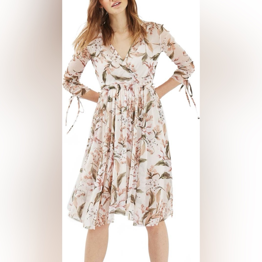 Topshop Lily Floral Mesh Beige Translucent Midi Dress Size 4